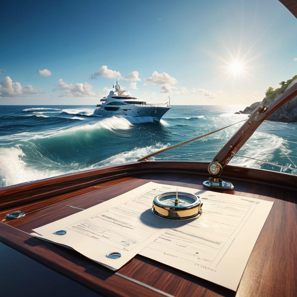 A serene seaside landscape with a luxurious yacht gliding smoothly across the blue waters, surrounded by gentle waves and a clear sky. Include a compass and insurance documents subtly placed on the yacht's deck, symbolizing navigation and protection. The scene conveys tranquility and adventure, inviting readers to explore yacht insurance. super-realistic. vibrant colors. 3D.