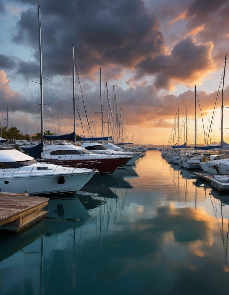 A serene marina at sunrise, featuring a variety of yachts docked peacefully, with a juxtaposition of calm waters and stormy clouds in the distant background. Prominent visual elements include insurance documents floating on the surface and safety gear hanging from yacht masts. The scene conveys the importance of both adventure and safety for watercraft owners. super-realistic. vibrant colors. 3D.