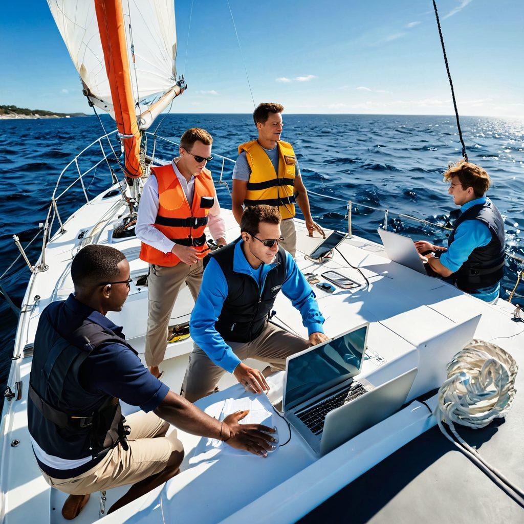 A dynamic coastal scene featuring a diverse group of people aboard a sailboat, discussing marine insurance and risk management with nautical charts and laptops open. The ocean reflects a bright blue sky, while nearby, various types of boats navigate the waves, symbolizing different marine coverage options. Include elements like life vests, safety equipment, and signaling devices in a vibrant and professional setting. super-realistic. vibrant colors. white background.